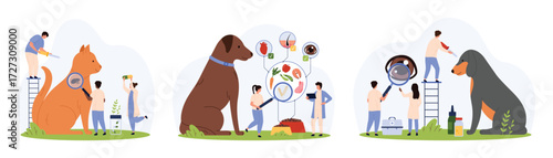 Veterinary treatment, care for pets health set. Tiny people research dry food for animal with magnifying glass, put eye drops on puppy, flea medicine on cats skin cartoon vector illustration