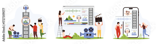Video editor software and mobile app set. Tiny people edit timeline of film, montage composition and cut animation frames from movie, work with sound settings and effects cartoon vector illustration