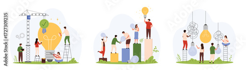 Business competition for best idea, innovation set. Tiny people choose bright big light bulb among hanging dark lamps, success solution of team leader with quality mark cartoon vector illustration