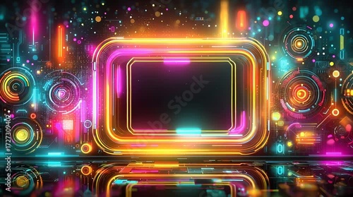 Vibrant abstract background with colorful neon lights and geometric shapes.