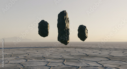 Floating Monoliths Above Cracked Salt Terrain