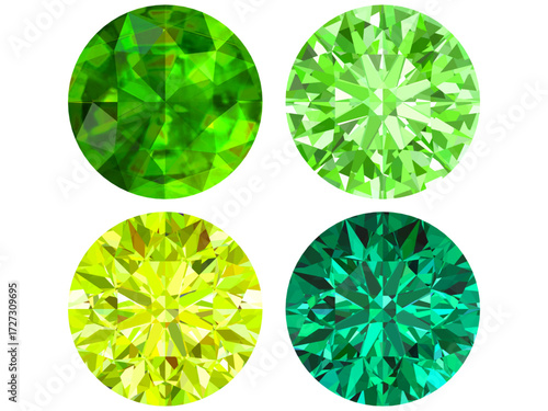 green gemstone vector illustration, designed with intricate polygonal facets that mimic the brilliance of a real gemstone.