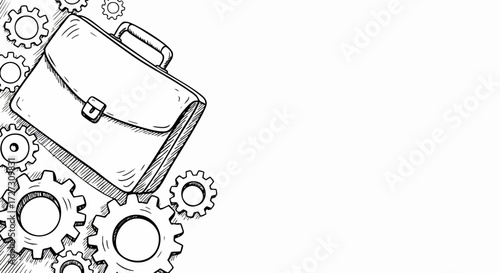 Drawn Black and White Briefcase with Gears Illustration