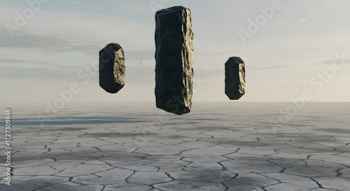 Floating Monoliths Above Cracked Salt Terrain