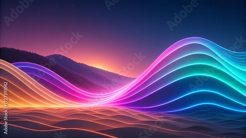 Abstract landscape with neon waves and mountain silhouettes under a colorful sunset sky created with generated ai