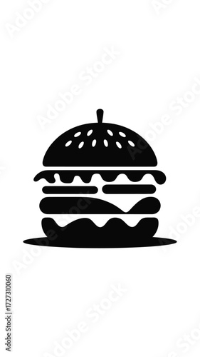 Simple black and white silhouette of a classic hamburger with sesame seed bun