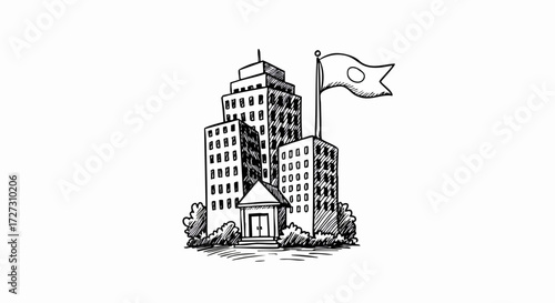 City Building Sketch with Flag Black and White Urban Icon