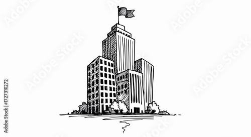 Cityscape Drawing of Black and White Buildings with Flag on Top