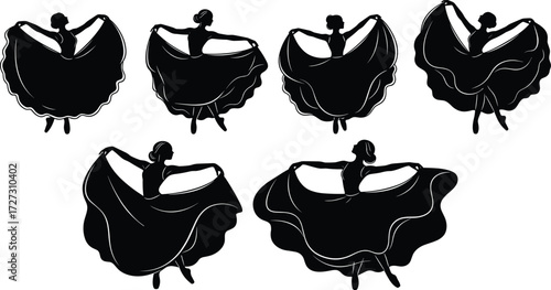 Flamenco dancer silhouettes with flowing skirts, traditional dance performance, expressive cultural movement, elegant stage art, dramatic choreography, folkloric entertainment illustration
