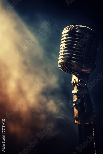 A classic microphone stands in the spotlight, surrounded by dramatic smoke, evoking nostalgia and musical passion. The image captures the essence of performance, artistry, and timeless stage presence.