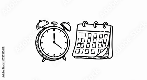 Clock and Calendar Sketch on White Background for Planning, Time Management