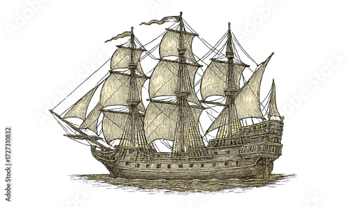 Vintage galleon illustration with intricate engraving for nautical design projects
