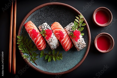Wallpaper Mural Savoring sushi delights with fresh salmon nigiri served in a Japanese restaurant, captured in a minimalist setting with a top-down view. Torontodigital.ca