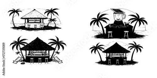 Silhouette of Solar-powered blender at tiki beach bar, zero-waste concept, black and white illustration
