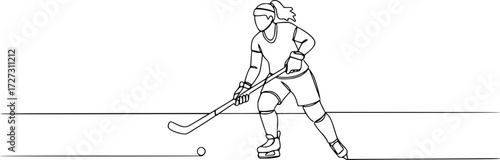 Minimalist vector illustration of a female field hockey athlete playing a match, One continuous line drawing of young professional ice hockey player exercising and practicing on ice rink stadium.
