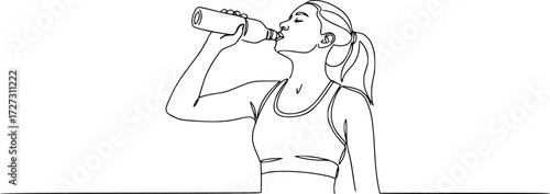 Continuous one line drawing of woman drinking water from the bottle, woman drinking water from bottle continuous one line drawing after sport exercise.