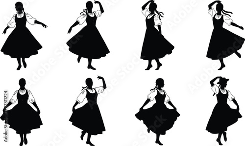 Traditional dancer silhouettes in puffed-sleeve dresses, expressive folk dance poses, cultural performance art, elegant movement illustration, heritage dance design