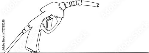 Refueling gas gun dispenser single continuous line art. Petrol industry business car diesel pump refuel headline, Gasoline pistol isolated on white background. One line continuous gasoline pistol art