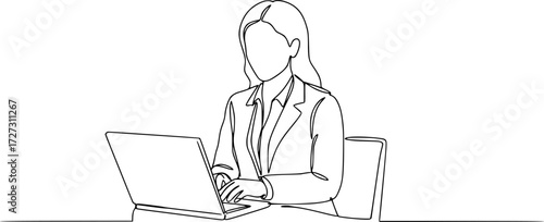 Continuous one single line drawing Happy professional young business woman using laptop, Professional young business woman using digital mobile phone tablet laptop work.