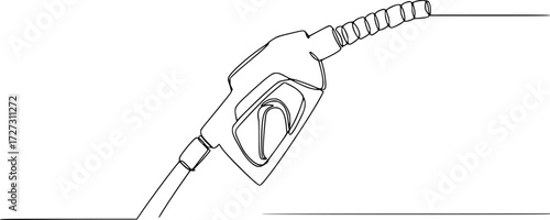 Refueling gas gun dispenser single continuous line art. Petrol industry business car diesel pump refuel headline, Gasoline pistol isolated on white background. One line continuous gasoline pistol art