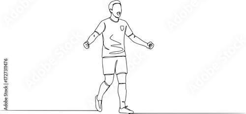 Continuous single one line art drawing of football soccer player celebrating, Match soccer goal celebration concept. Single line draw design vector graphic illustration.