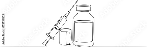 Continuous one line drawing of Syringe and bottle medical equiptment vector illustration. Editable outline