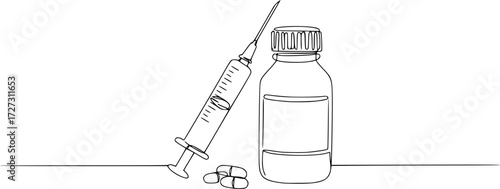 Continuous one line drawing of Syringe and bottle medical equiptment vector illustration. Editable outline