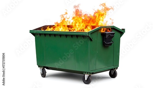 Burning green dumpster on white