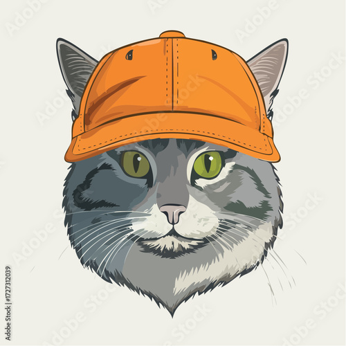 Creative cat wearing a stylish orange baseball cap, illustrated portrait
