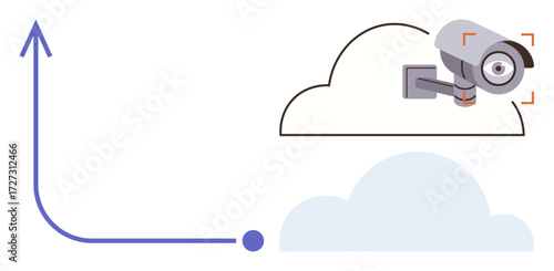 Surveillance camera mounted above cloud icon paired with growth arrow. Ideal for security, technology, analytics, data trends, monitoring, cloud storage, and innovation. Simple flat metaphor