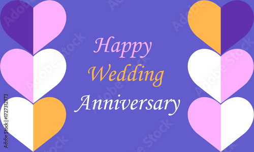 Wedding anniversary banner card on a delicate purple background with multicolored heart halves in vector