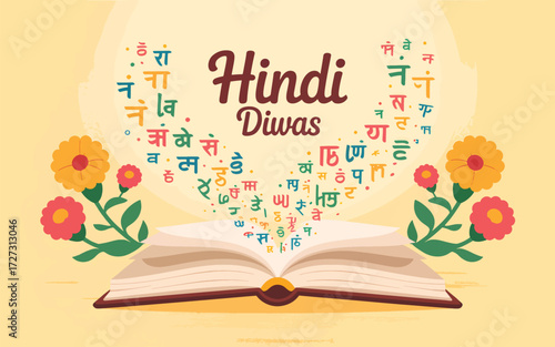 Open book with Hindi letters and flowers Hindi Diwas