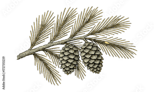 Vintage pine branch etching with cones for nature-inspired design