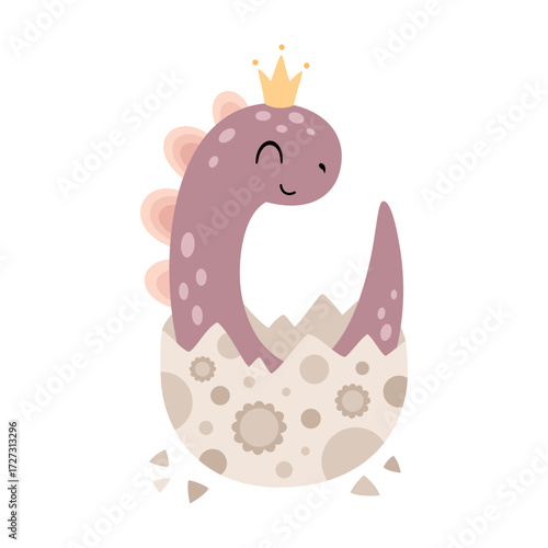 Cartoon dinosaur baby in egg, cute dino girl clipart, jurassic character in pastel colors. Vector  illustration