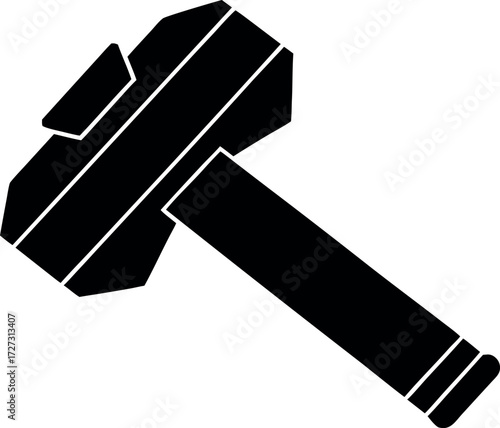 Thor’s thunder hammer vector silhouette, Magic weapon icon, Isolated black hammer illustration