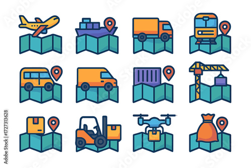 Transport Logistics Icons. Transport Logistics Maps in modern flat vector : map with airplane, map with ship, map with truck, map with train, map with