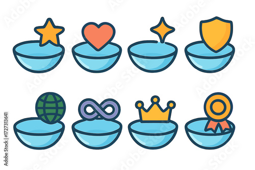 Symbolic Smart Lenses Icons. Symbolic Smart Lenses set of icons in neo-flat style: smart lens with star, smart lens with heart, smart lens with