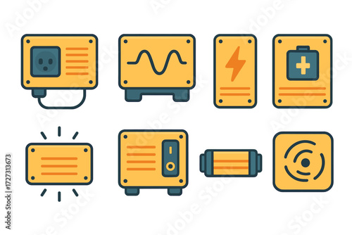 Neo-Flat Inverter Icons. Power Inverter set of icons in neo-flat style: inverter box with plug, inverter with wave symbol, inverter with lightning