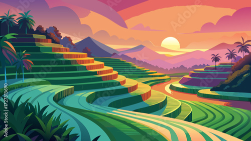 A serene rice terrace at sunrise, with layers of green paddies stepping down the hillside, reflecting the pink and orange hues of the morning sky