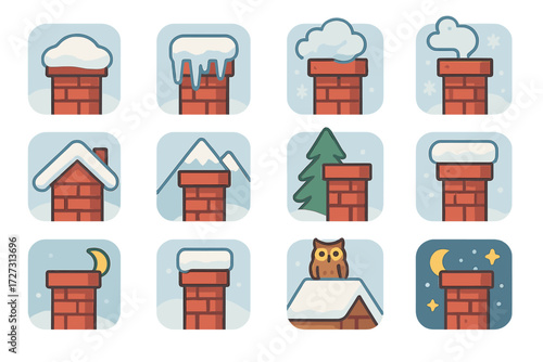 Winter chimney flat icon set. chimney with snow, icicles, snowflakes, mountains, and owl.