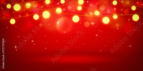 Red luxury stage with festive lights, golden bokeh and glitters. For Celebration background, product presentation, Chinese New Year, Christmas themes or luxury advertising design.