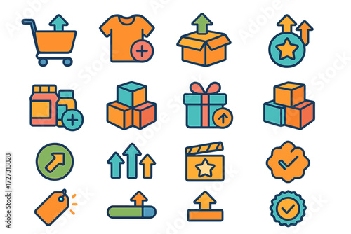 Modern Upsell Icons. Upsell Offer Basics in modern flat vector : shopping cart with upward arrow, product with plus sign, package upgrade box, higher