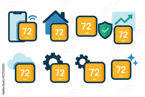 Smart Thermostat Icons. Eco Contexts in modern flat vector : smart thermostat with mobile app, smart thermostat with house, smart thermostat with