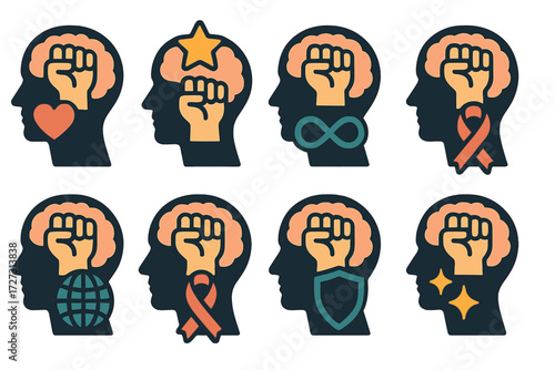 Symbolic Mental Icons. Symbolic Mental Strength set of icons in neo-flat style: mental strength with heart, mental strength with star, mental strength