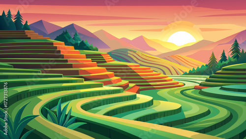 A serene rice terrace at sunrise, with layers of green paddies stepping down the hillside, reflecting the pink and orange hues of the morning sky