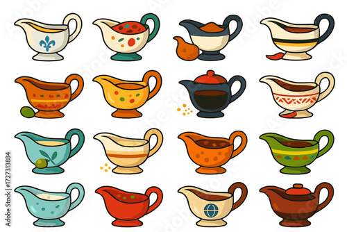 Global Gravy Boats. Global Gravy Boats set of icons in neo-flat style: French sauce boat, Italian marinara boat, British Sunday roast gravy boat,