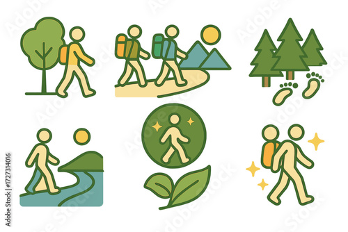 Nature Outing Icons. Nature Outing set of icons in neo-flat style: person walking with tree, group hiking on trail, mountain with sun, forest with
