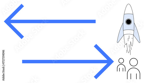 Two bold blue arrows pointing in opposite directions, a rocket launching upward, and simplified figure icons. Ideal for direction, progress, conflict, teamwork, innovation, strategy decision-making