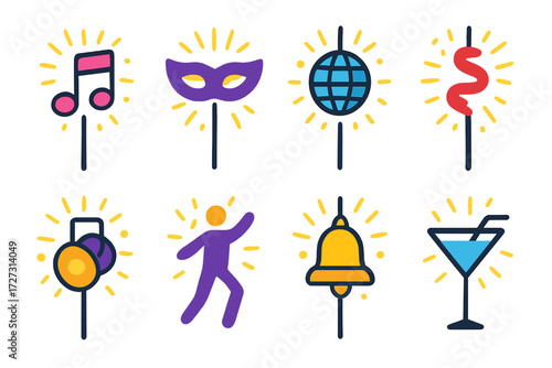 Festive Sparkler Icons. Party & Celebration in modern flat vector : sparkler with music note, sparkler with mask, sparkler with disco ball, sparkler