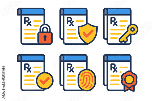 Secure Prescription Icons. Secure Prescription Pads in modern flat vector : pad with lock, pad with shield, pad with key, pad with checkmark, pad with